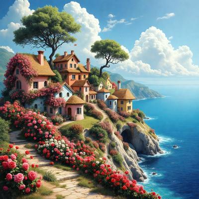 The primary subject of the image is a picturesque village situated on a hillside overlooking the ocean. The village is surrounded by a lush green hillside, and the houses are painted in various colors, adding a vibrant and charming atmosphere to the scene. The setting is a beautiful coastal landscape, with the ocean in the background and the village nestled in the hills. The visual style of the image is a combination of digital art and illustration, creating a captivating and imaginative scene. The colors and mood of the image are predominantly warm and inviting, with the village and the ocean creating a sense of serenity and tranquility.